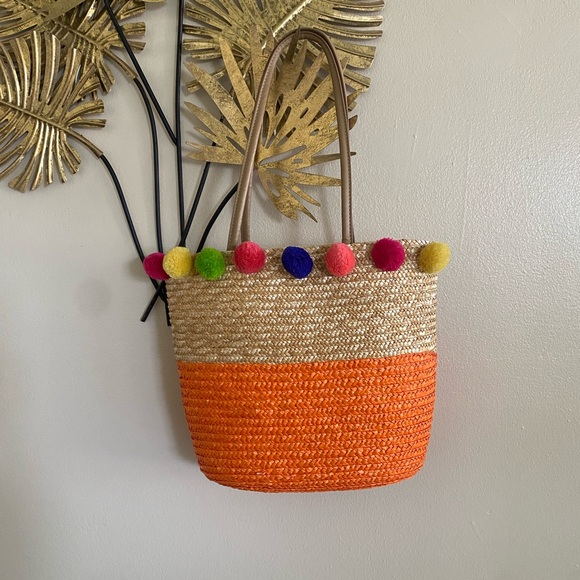 Handbags - Straw Tote with Colorful Pom Poms